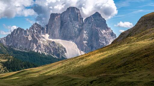 A mountain range with prominent peaks, a valley with dense forests, and a clear sky with scattered clouds.