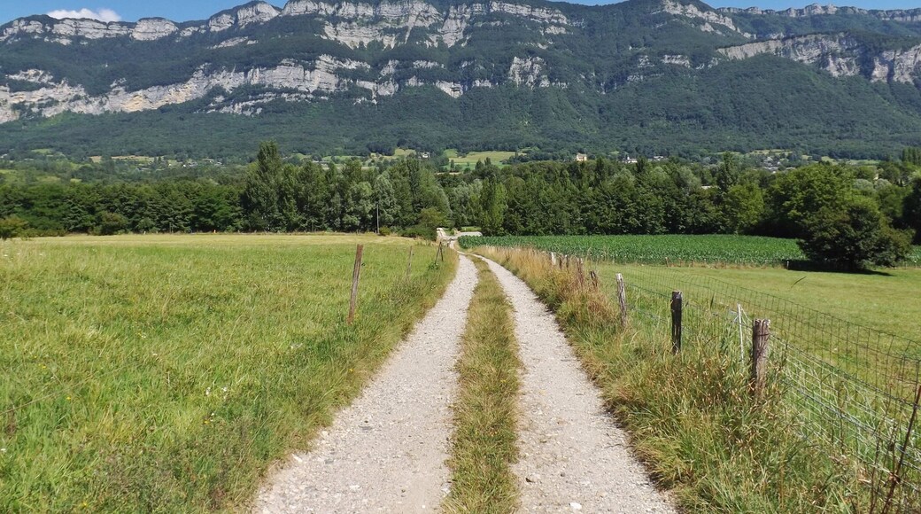 Sight of the Chemin de Lachat rural track, with the Bauges mountain range at the background, in Drumettaz-Clarafond in Savoie, France.
