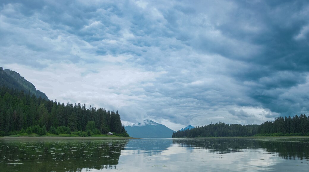 A house, forests, mountains, gray clouds can be seen from the boat on the river. Various landscapes in summer.Alaska, USA., 2017