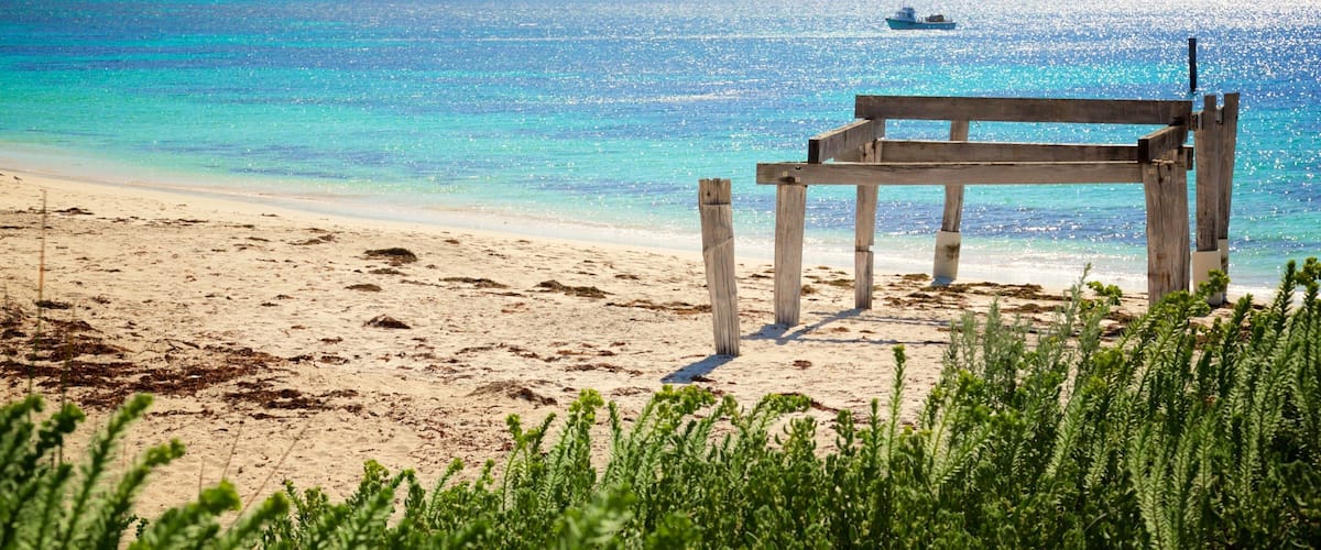 A wooden bench on a sandy beach with clear turquoise water and a boat in the distance.