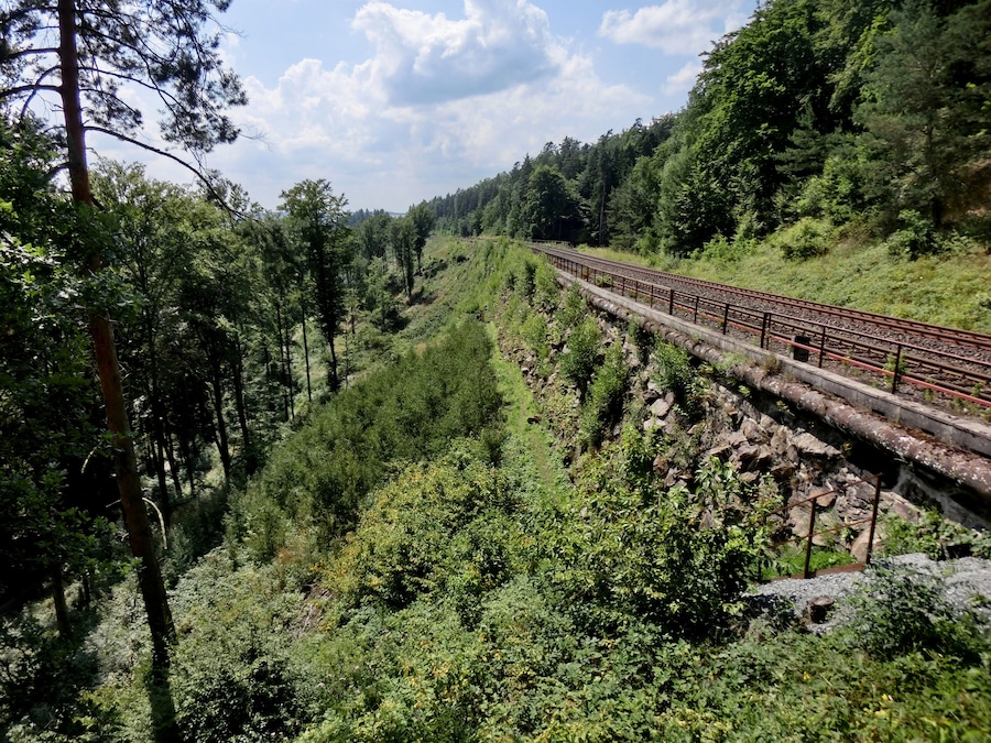 A railway track through a forested valley with dense trees and rocky terrain.