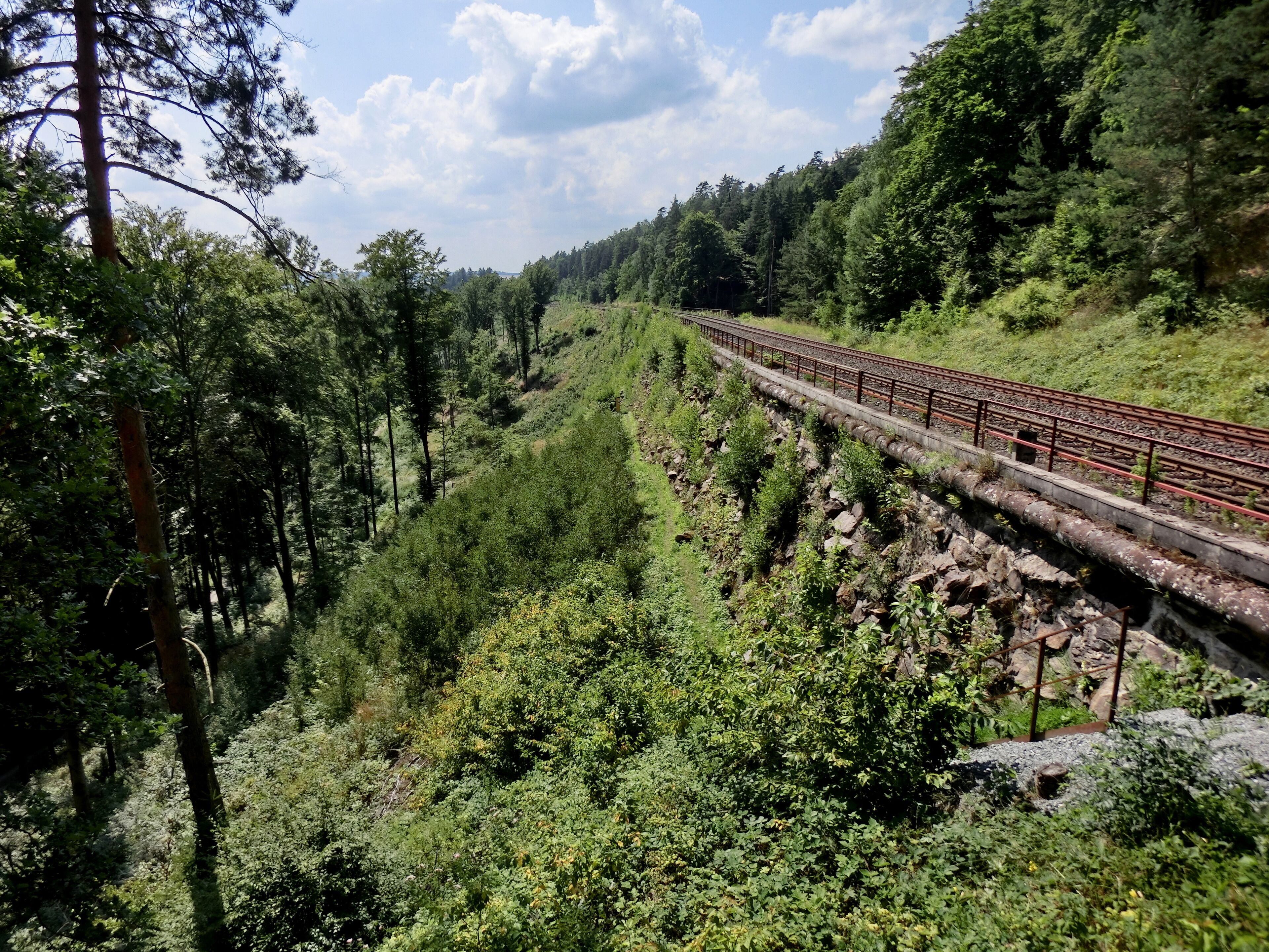 A railway track through a forested valley with dense trees and rocky terrain.