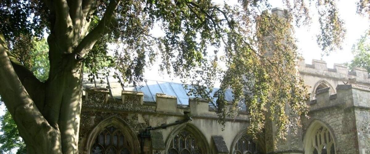 An old church with Gothic architecture, surrounded by trees and overgrown vegetation.