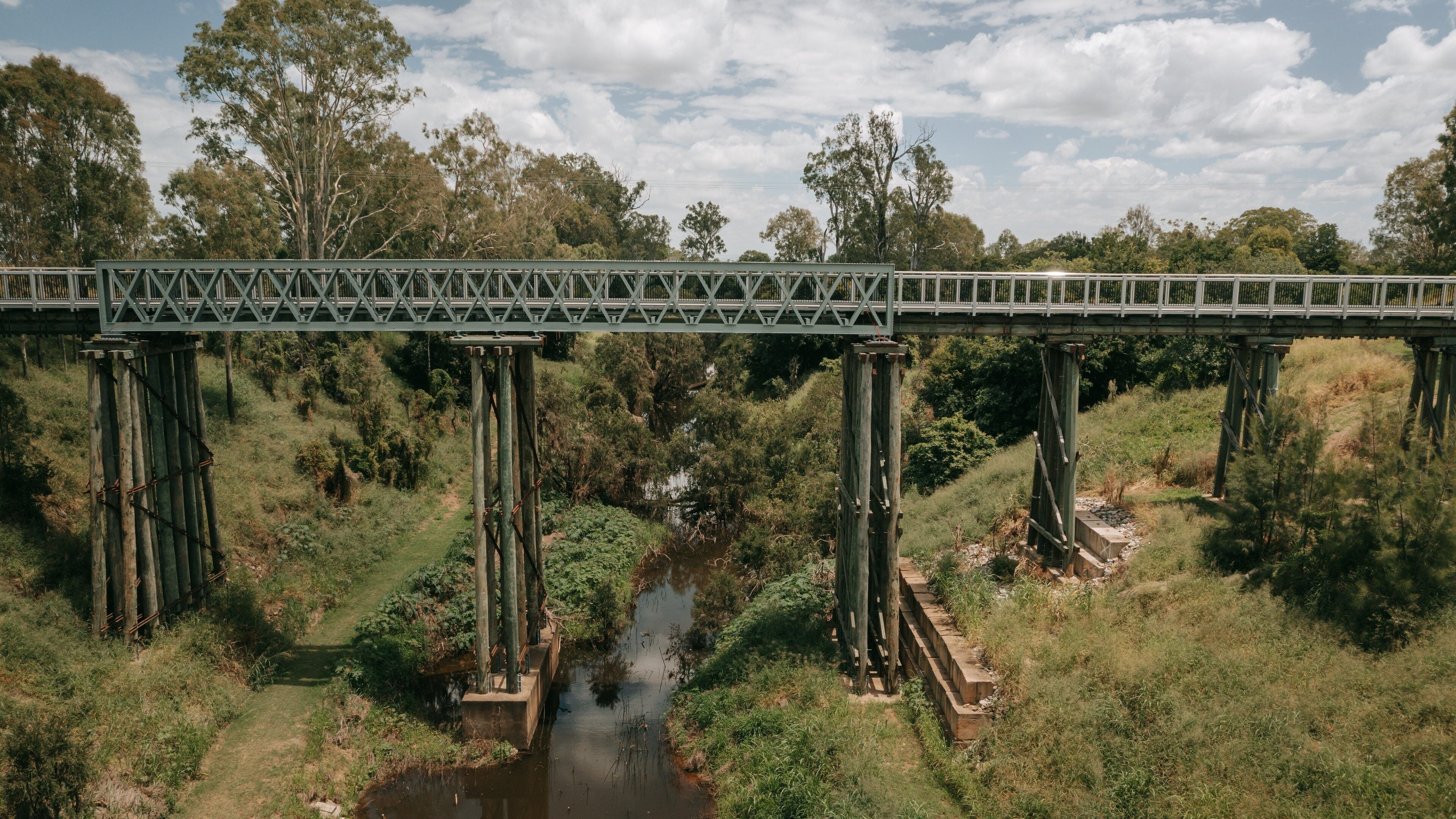 A steel bridge over a river with surrounding greenery and trees.