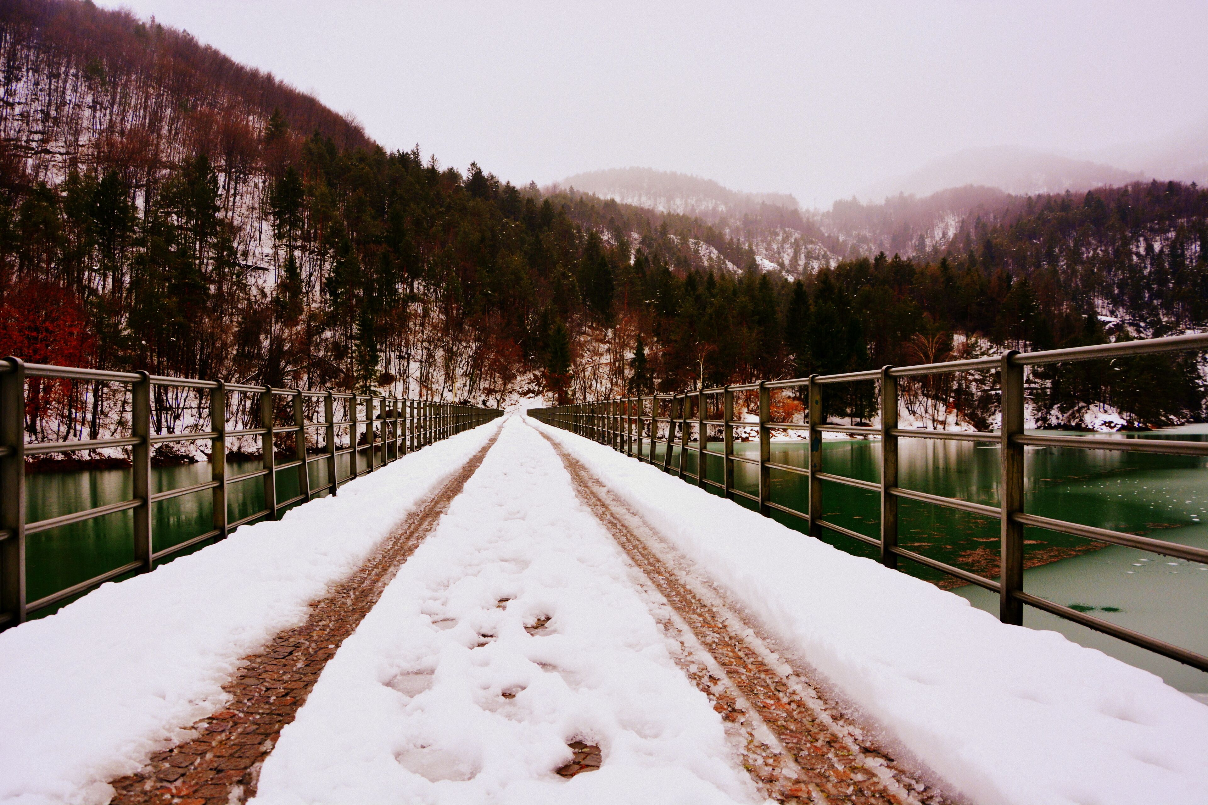 A snow-covered bridge with metal railings, leading to a forested mountain range.