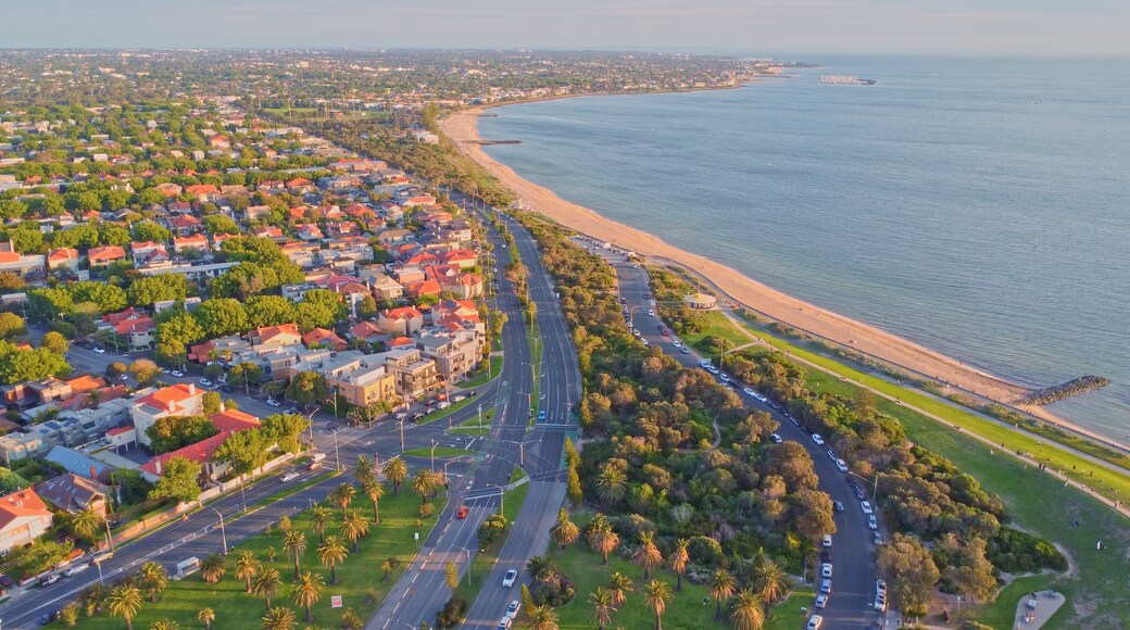 Golden Hour Aerial View of Melbourne's Bayside Coastline with Sandy Beach, Palm-Lined Roads, and Residential Suburbs