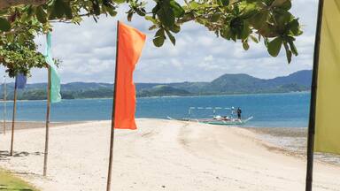A beach with a boat on the water, flags, and a mountainous landscape in the background.