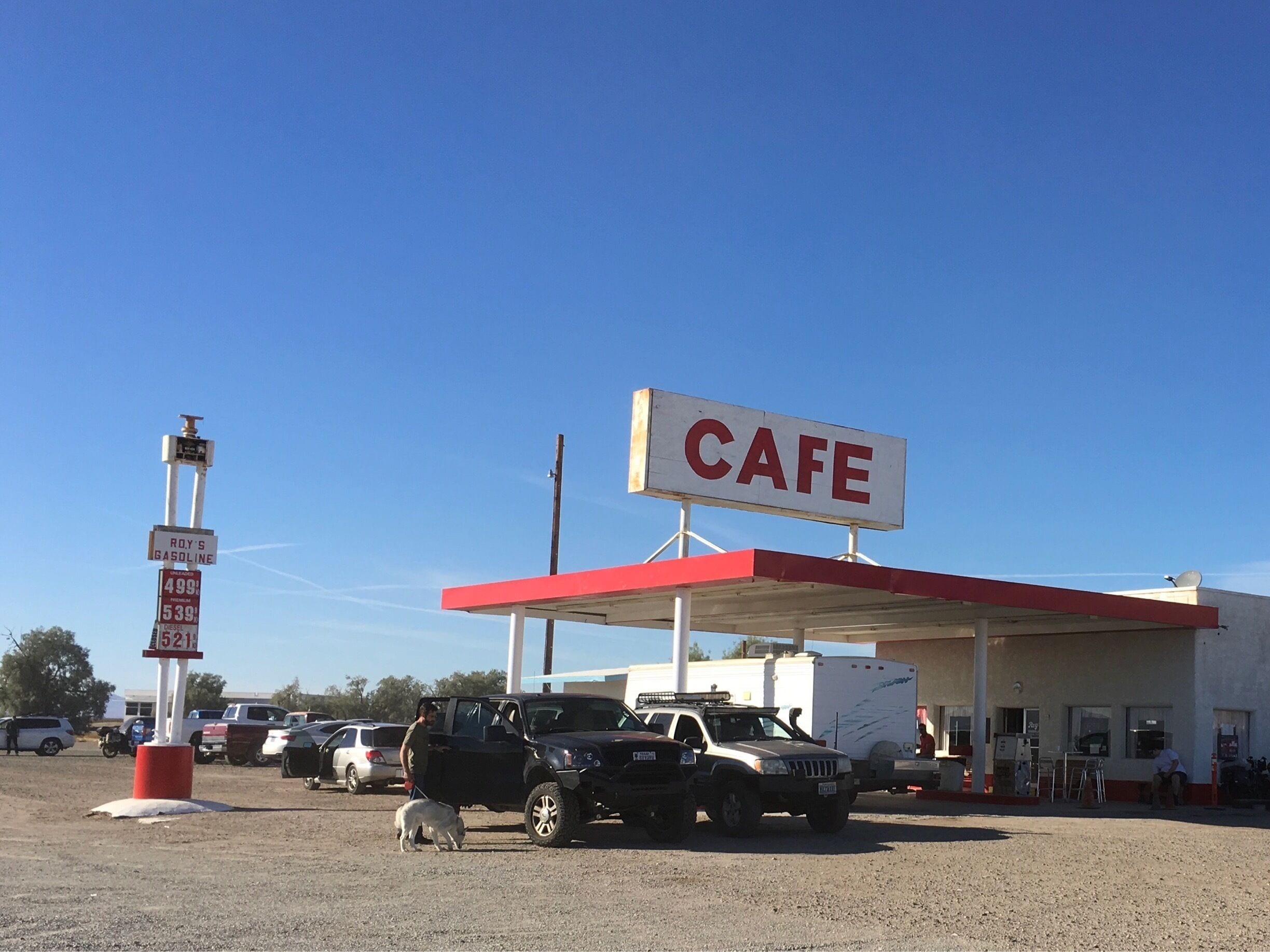 Roy’s Café is in Amboy, a town with 8 inhabitants on the old Route 66. The mayor of the town bought it on e-bay... the café only serves instant coffee!