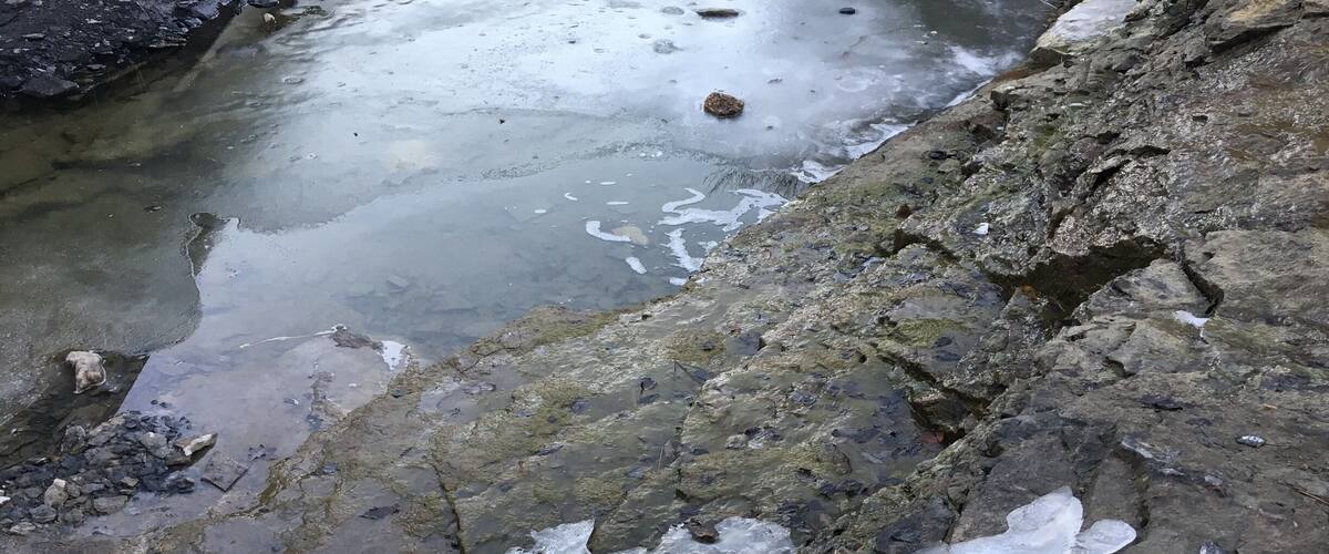 A rocky shoreline with patches of ice and snow.