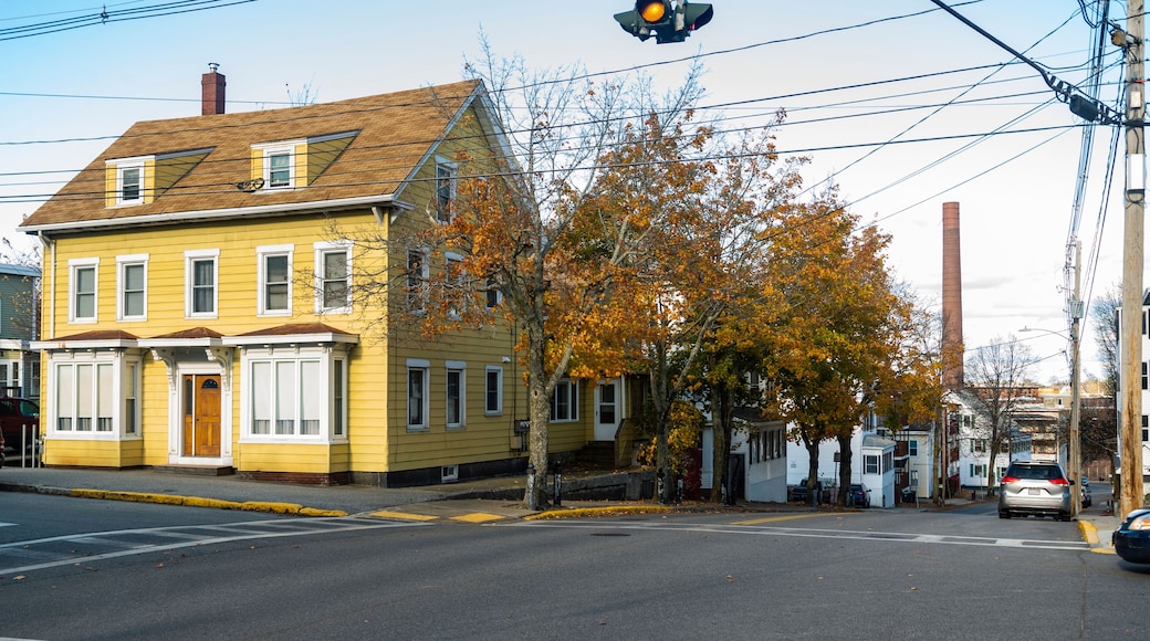 historical street of downtown Biddeford, state of Maine, USA.