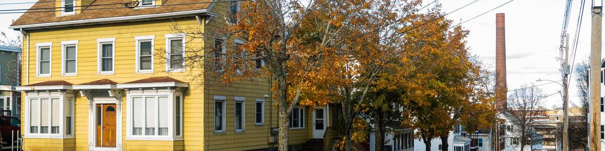historical street of downtown Biddeford, state of Maine, USA.