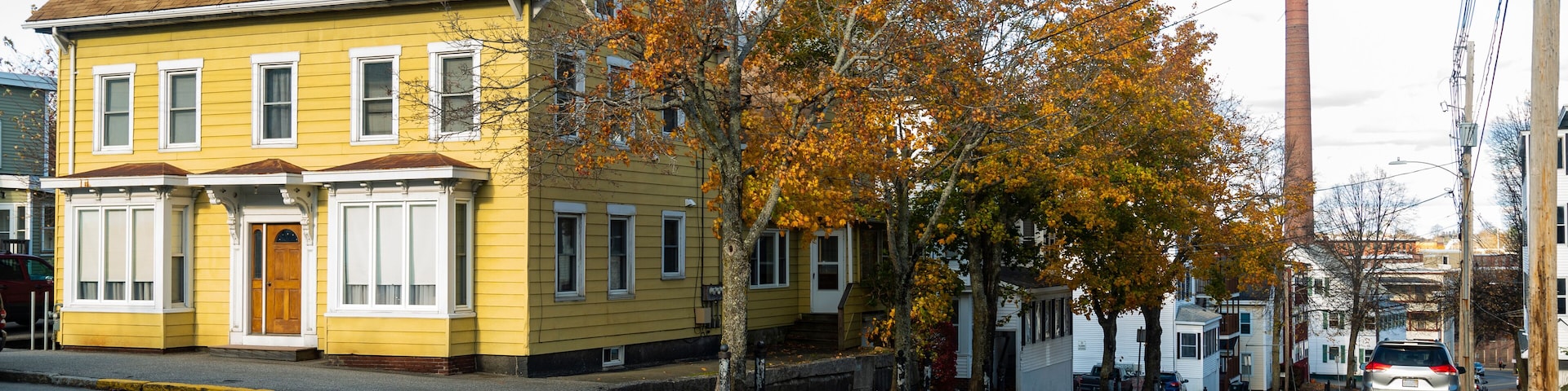 historical street of downtown Biddeford, state of Maine, USA.