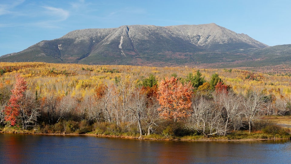 A lake surrounded by autumn-colored trees and a mountain in the background.
