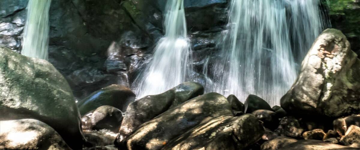 A waterfall cascading over rocks in a forested area.
