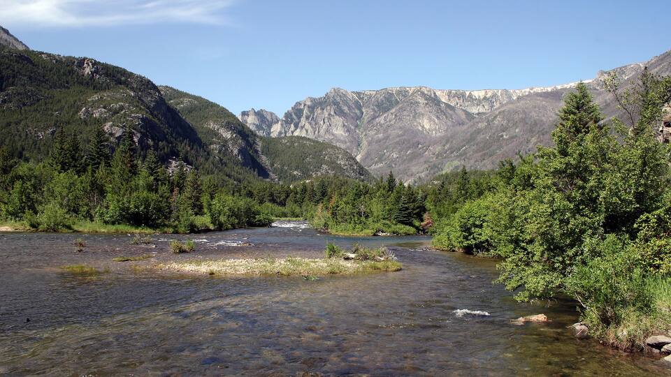 A clear mountain stream surrounded by dense forest and rugged mountains.