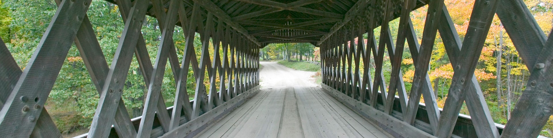 A wooden covered bridge with a metal railing, surrounded by trees with autumn foliage.
