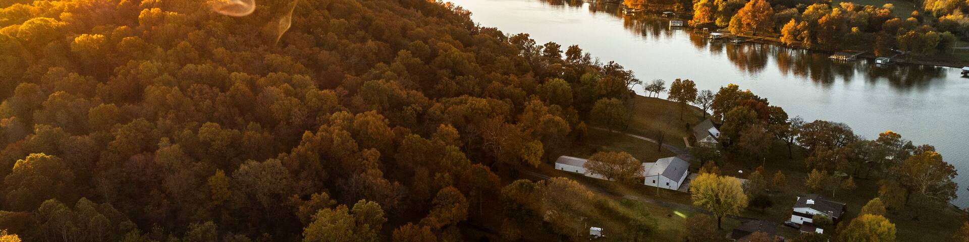 Autumn sunrise landscape over lake in Oklahoma. Photo taken with drone.