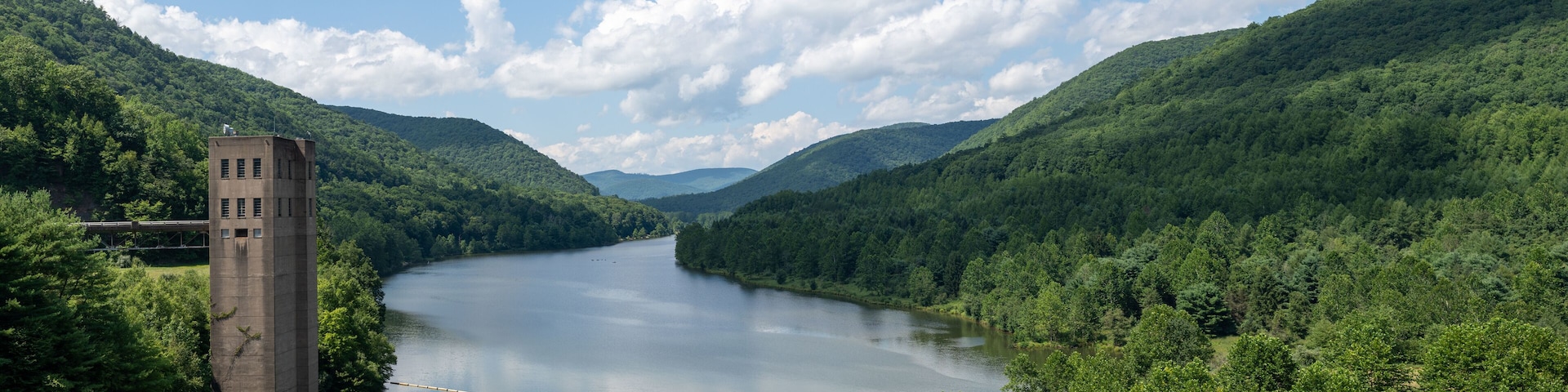Beautiful shot of the George B Stevenson dam reservoir lake in Austin, Pennsylvania