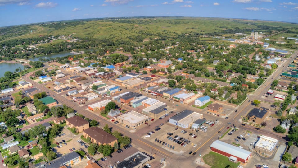Aerial View of the Town of Chamberlain on the Shore of the Missouri River in South Dakota
