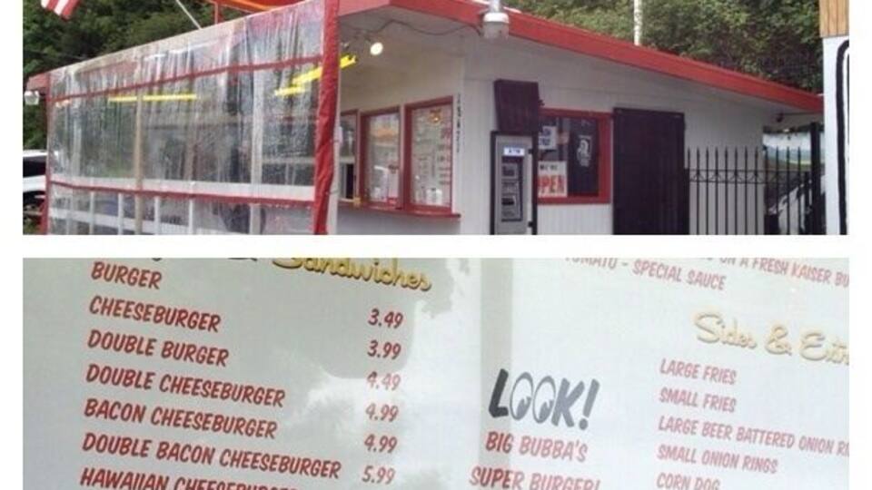 A fast-food restaurant named Big Bubba's Burgers with a menu listing various burgers and sides.