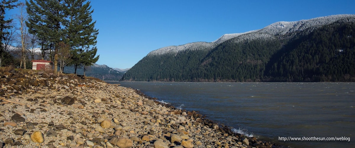 A rocky shoreline with a small building, a large evergreen tree, and snow-capped mountains in the background.