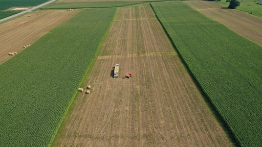 An aerial view of a large agricultural field with a tractor and hay bales.