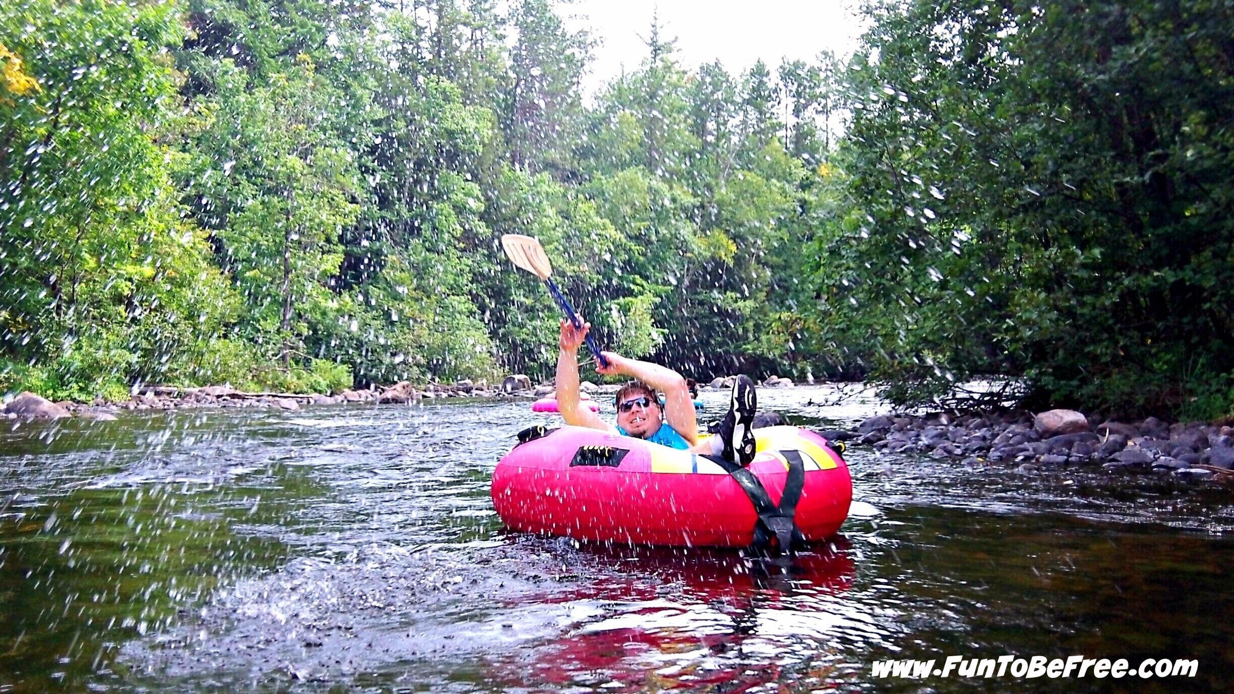 Tubing on the Peshtigo River is always a SPLASH!

The Peshtigo River is a 136-mile-long (219 km)[1] tributary of Green Bay in the U.S. state of Wisconsin. The Peshtigo Fire happened in the river's vicinity, and some survivors used the river for refuge from the flames. A section of whitewater on the river called the Roaring Rapids is well known in the region. Further downstream there are two dams known as Caldron Falls Dam and High Falls Dam before collecting the Thunder River.
