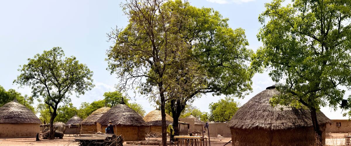 Thatched-roof huts, dry grass, and scattered trash in a rural setting.