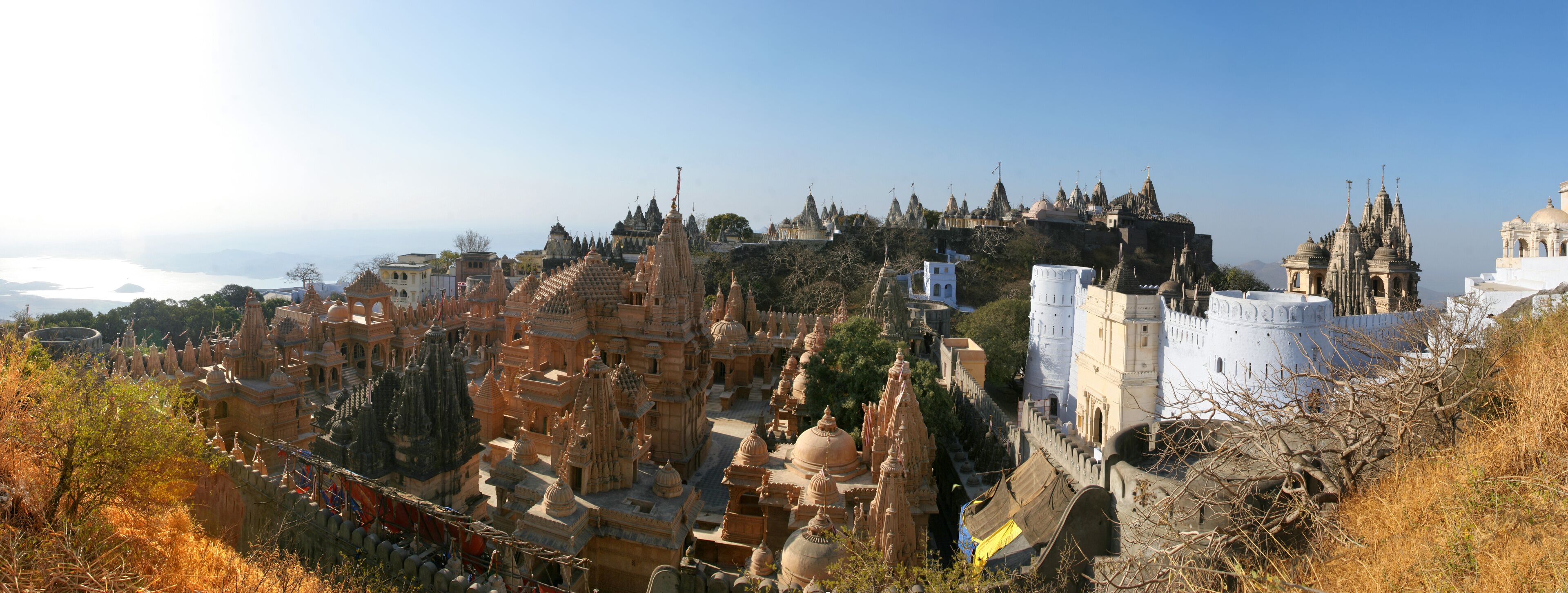 A historic cityscape with intricate architecture and a prominent hilltop fortress.