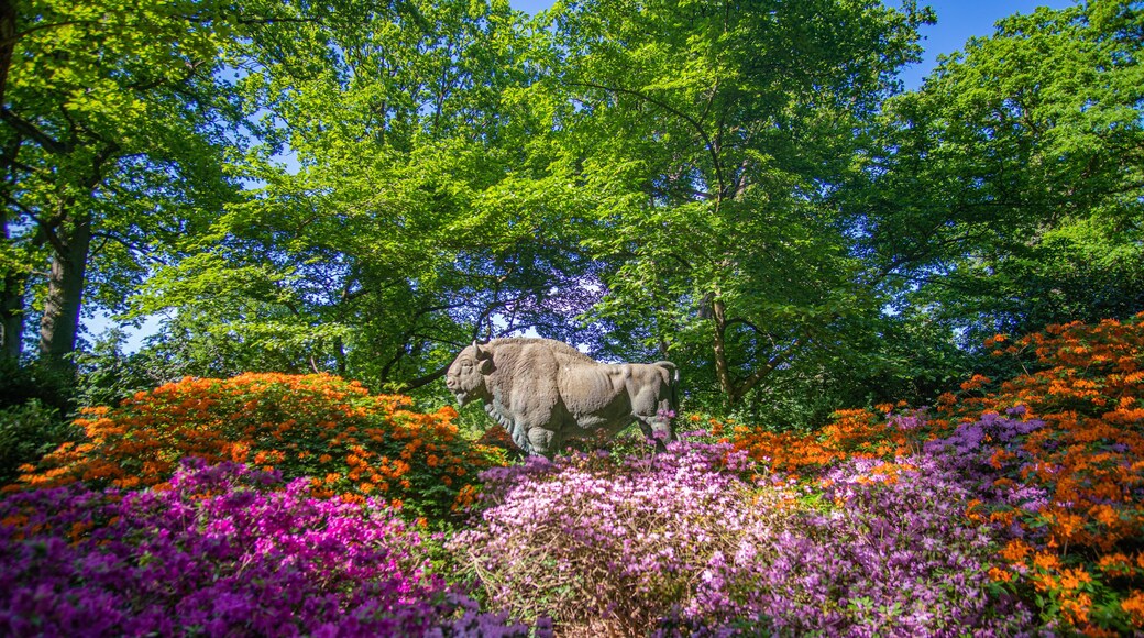 Bull Statue surrounded by beautiful blooming rhododendrons at Park in Bremen