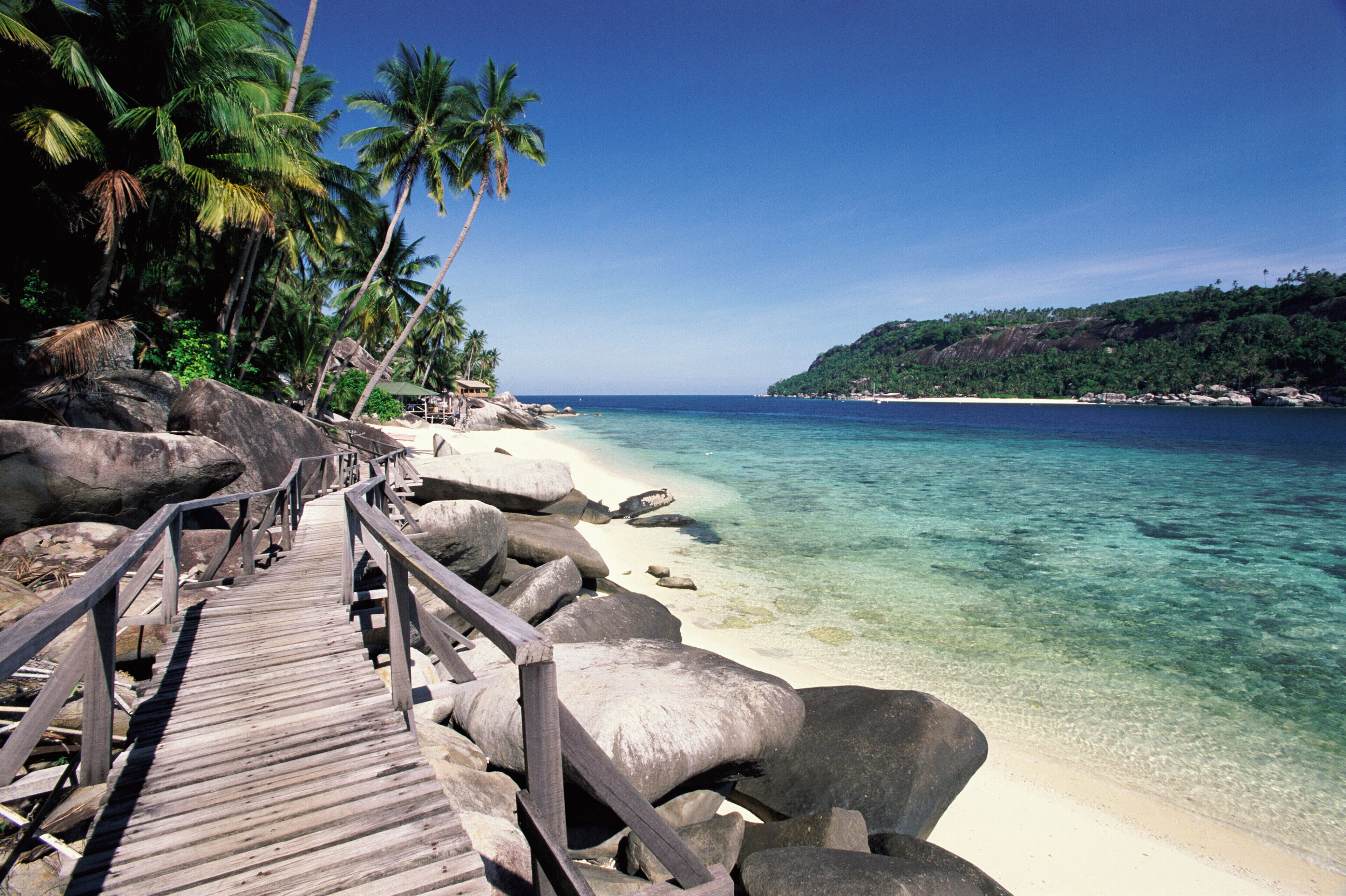 A wooden boardwalk leading to a beach with clear turquoise water, palm trees, and a rocky shoreline.