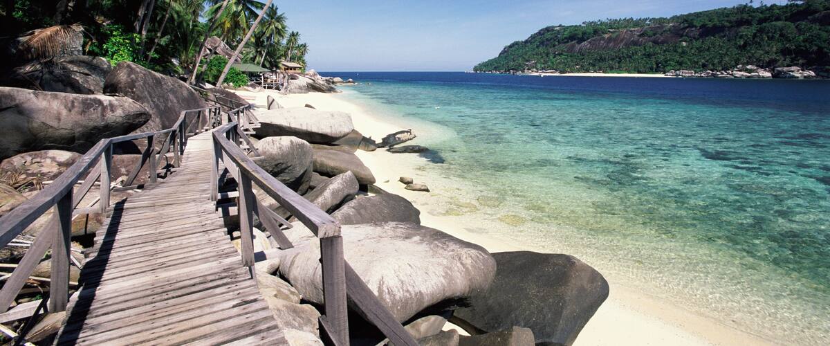 A wooden boardwalk leading to a beach with clear turquoise water, palm trees, and a rocky shoreline.
