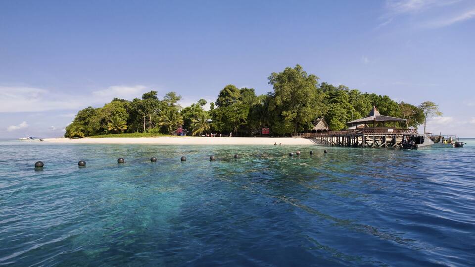 A tropical island with clear blue waters, a sandy beach, lush greenery, and a wooden pier with a gazebo.