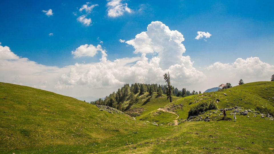 A grassy hillside with a clear sky and a large cloud.