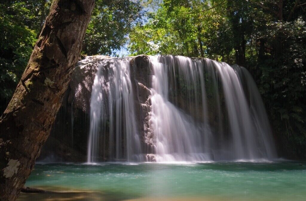 A waterfall cascading over a cliff into a pool of water surrounded by trees.