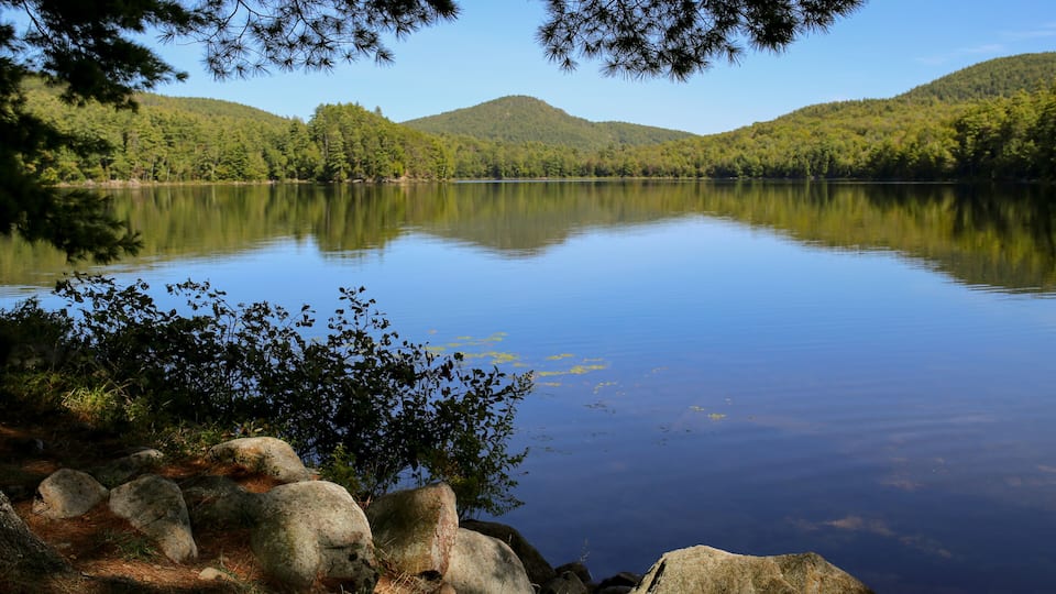A calm lake surrounded by forested hills.