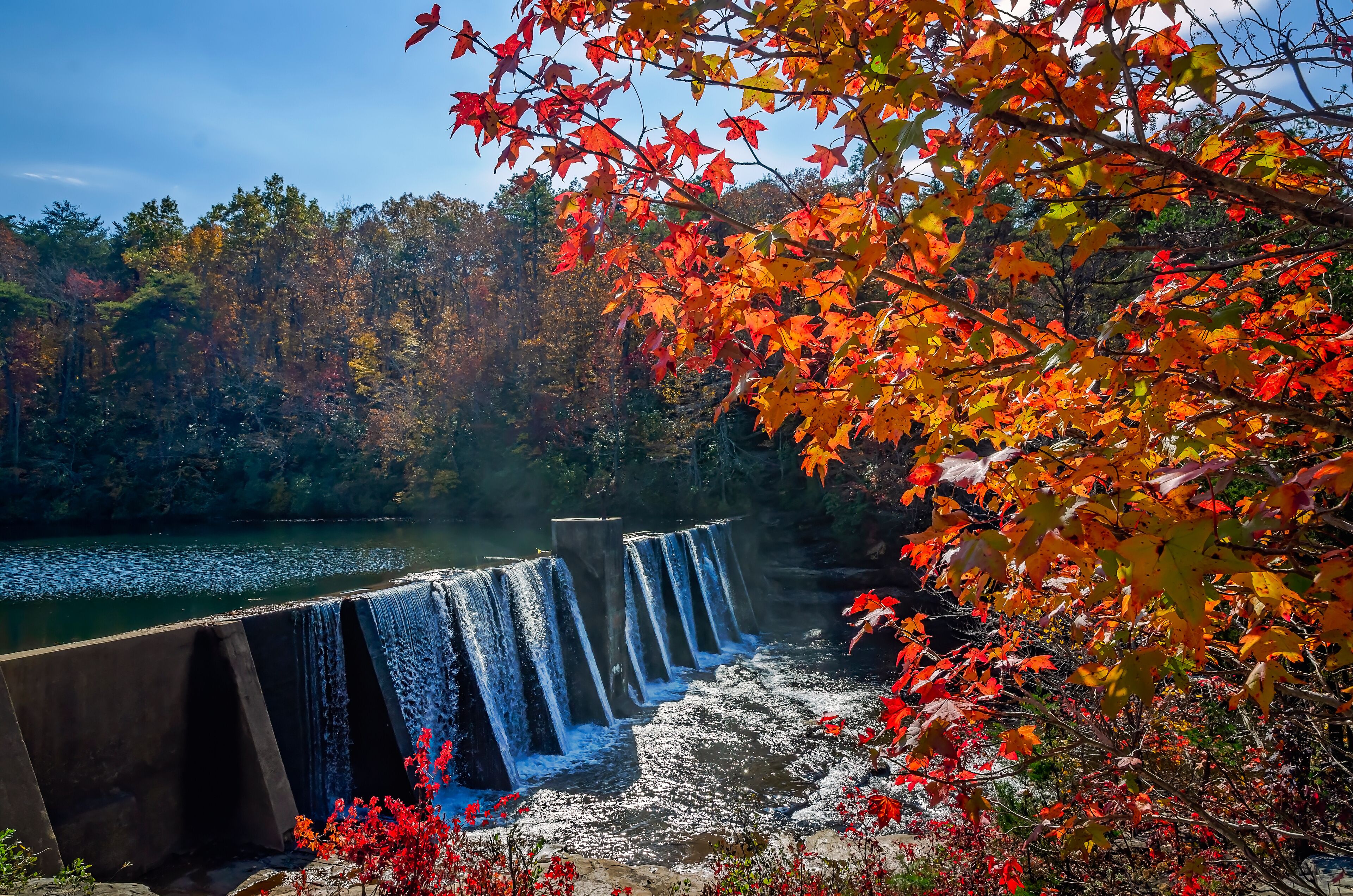 A waterfall cascading over a dam with autumn foliage in the foreground.