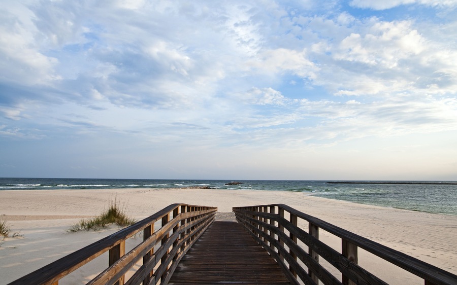 Scene of a walkway leading to the beach at Perdido Pass on the Alabama Gulf Coast., Shutterstock ID 77634142, Purchase Order: -