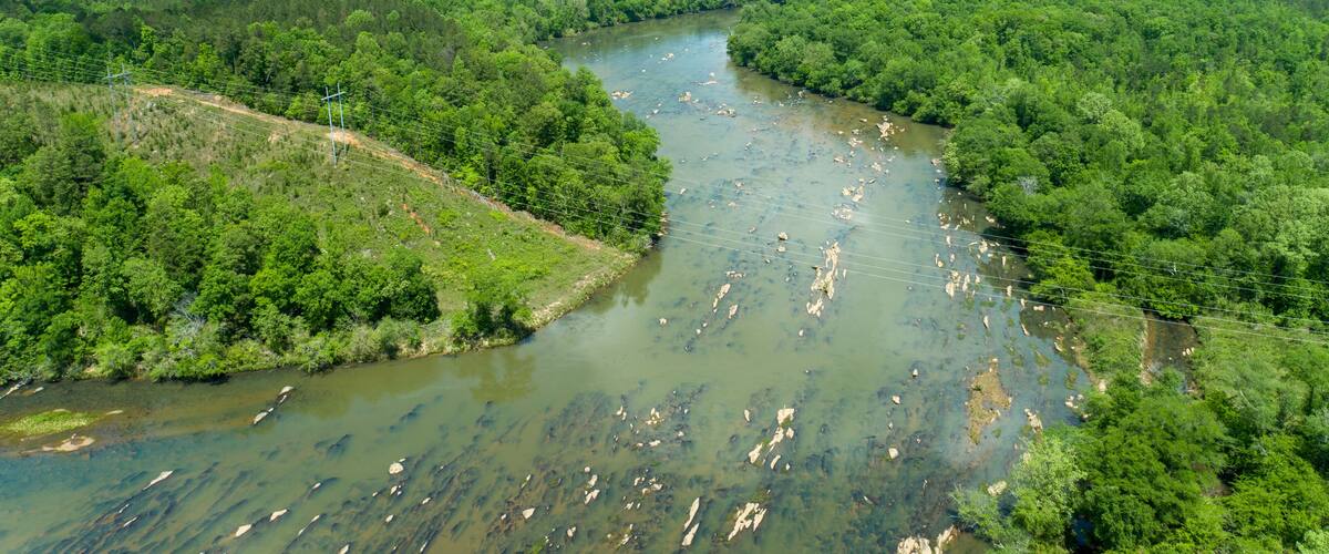 Aerial View of Rocky Riverbed and Lush Forest Irwin Shoals on Lake Martin, Alabama