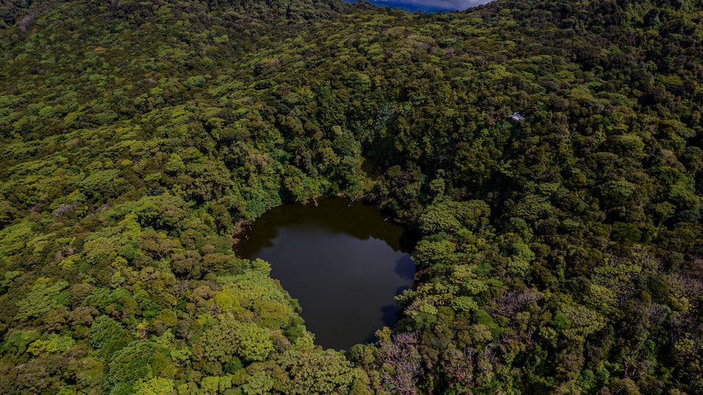 Beautiful aerial view of the Barva Volcano in the Braulio Carrillo National Park, its dens rain forest in Costa Rica