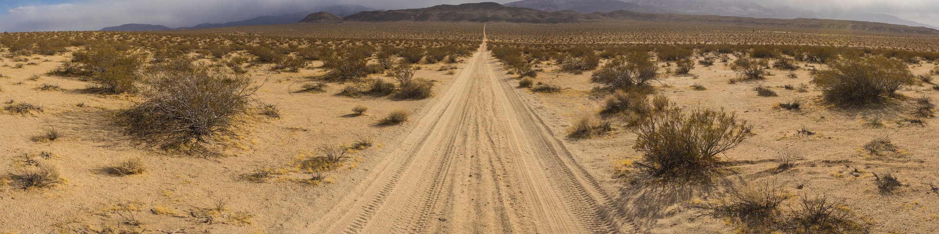 Wide panoramic view of sand road leading straight through the dry wilderness of desert.