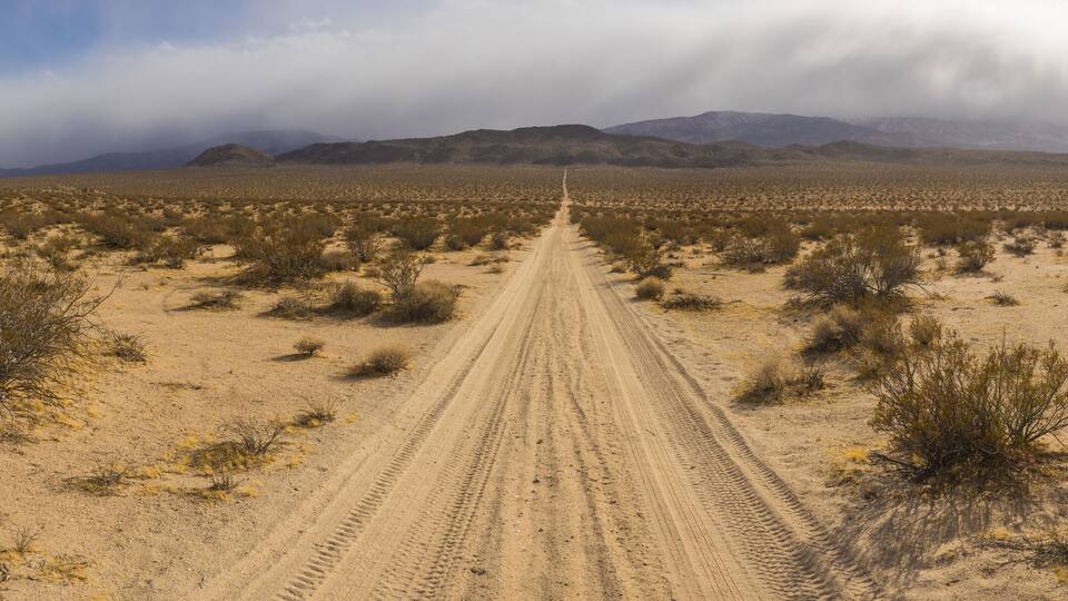 A desert road with sparse vegetation and mountains in the background.