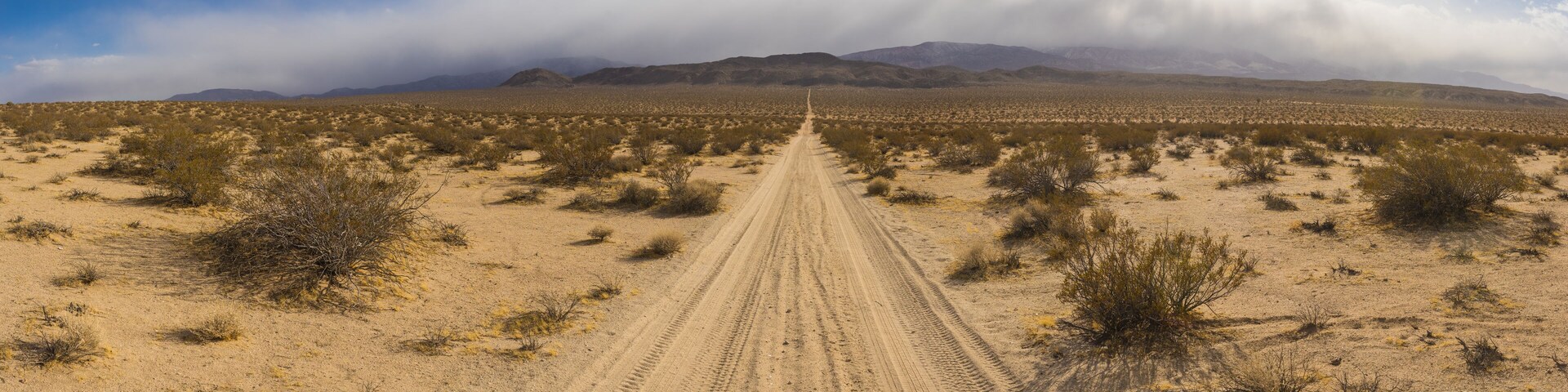 Wide panoramic view of sand road leading straight through the dry wilderness of desert.