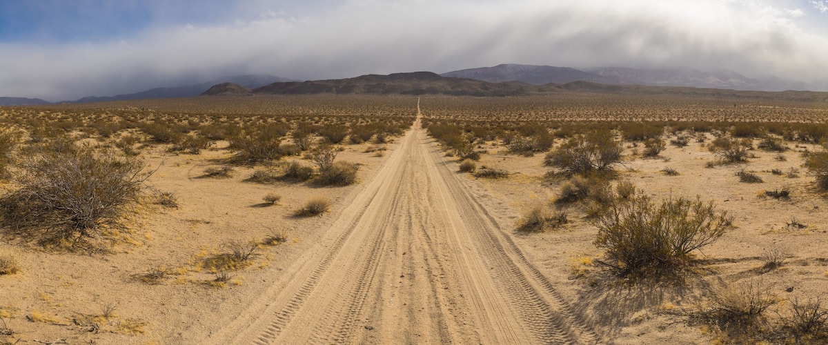 A desert road with sparse vegetation and mountains in the background.