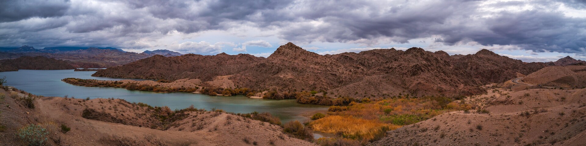Colorado River Landscape Series, tranquil wilderness with views of Black and Spirit Mountains and Squadron Peak Mountain, at Mojave Lake in Bullhead City, Arizona, USA