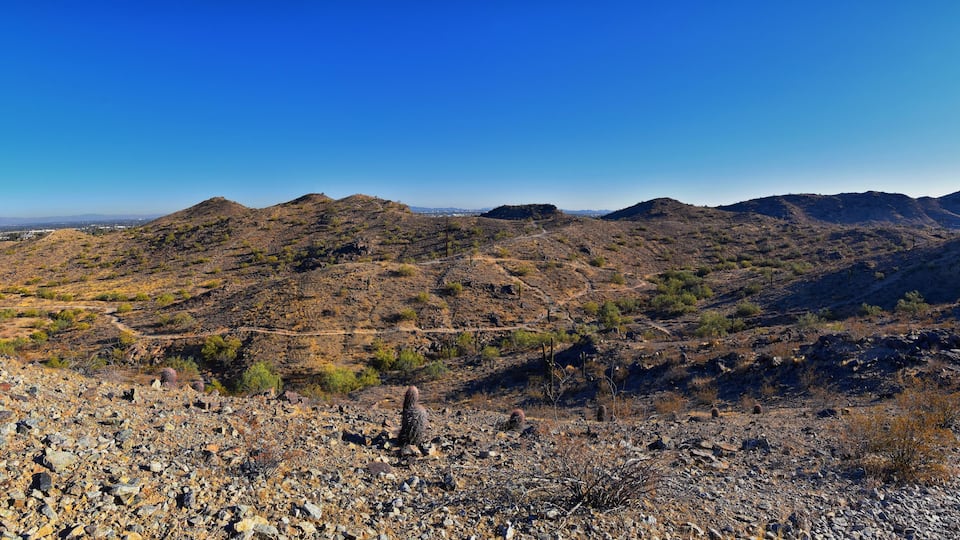 South Mountain Park and Preserve Views from Pima Canyon Hiking Trail, Phoenix, Southern Arizona desert. United States.