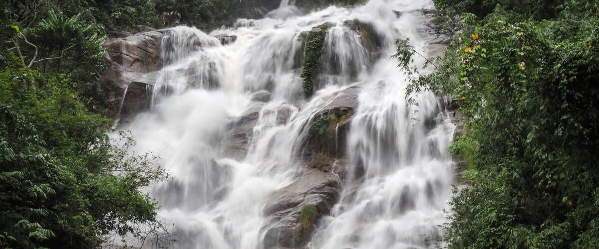 A waterfall cascading over rocks surrounded by dense green foliage.