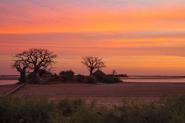 Sunrise at Lodge de Niassam, a eco lodge in paradise! You can live in 3 different cabins; hut on stilts in the lagune, a tree hut in a Baobab tree or a beautiful cabin on the ground. 
Read more on: http://www.travelwithallsenses.com/lodge-de-niassam-eco-lodge-paradise/