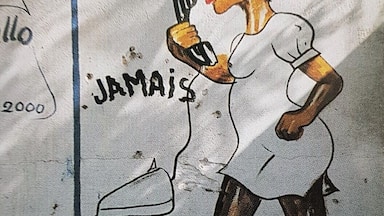 A cartoon character with a speech bubble saying "Allo! Cheri c'est quand le mariage" and the word "JAMAIS" below.