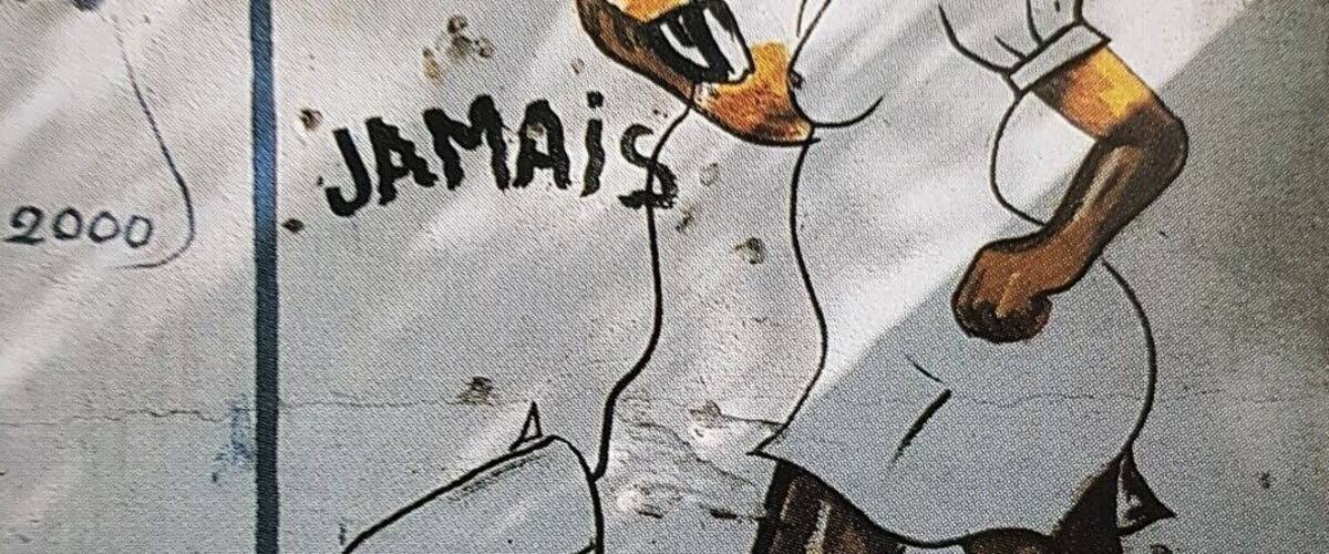 A cartoon character with a speech bubble saying "Allo! Cheri c'est quand le mariage" and the word "JAMAIS" below.